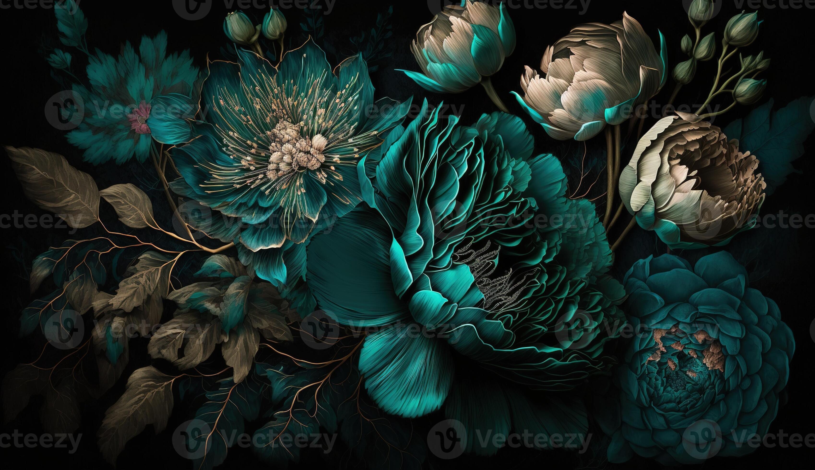 Generative AI, Close up of blooming flowerbeds of amazing teal flowers