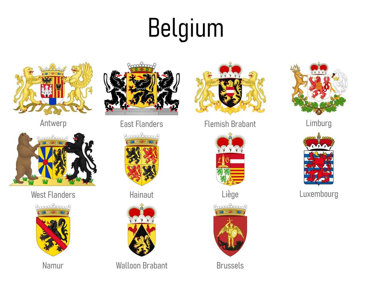 Coat of arms of the provinces of Belgium, All Belgian regions emblem vector