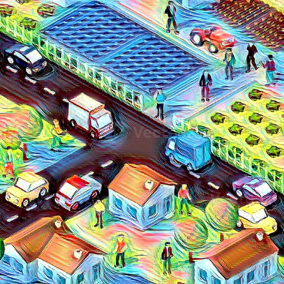 Isometric 3D illustrations of urban scenes are provided, showing skyscrapers, streets, trees, and cars. Architecture, home construction, photo