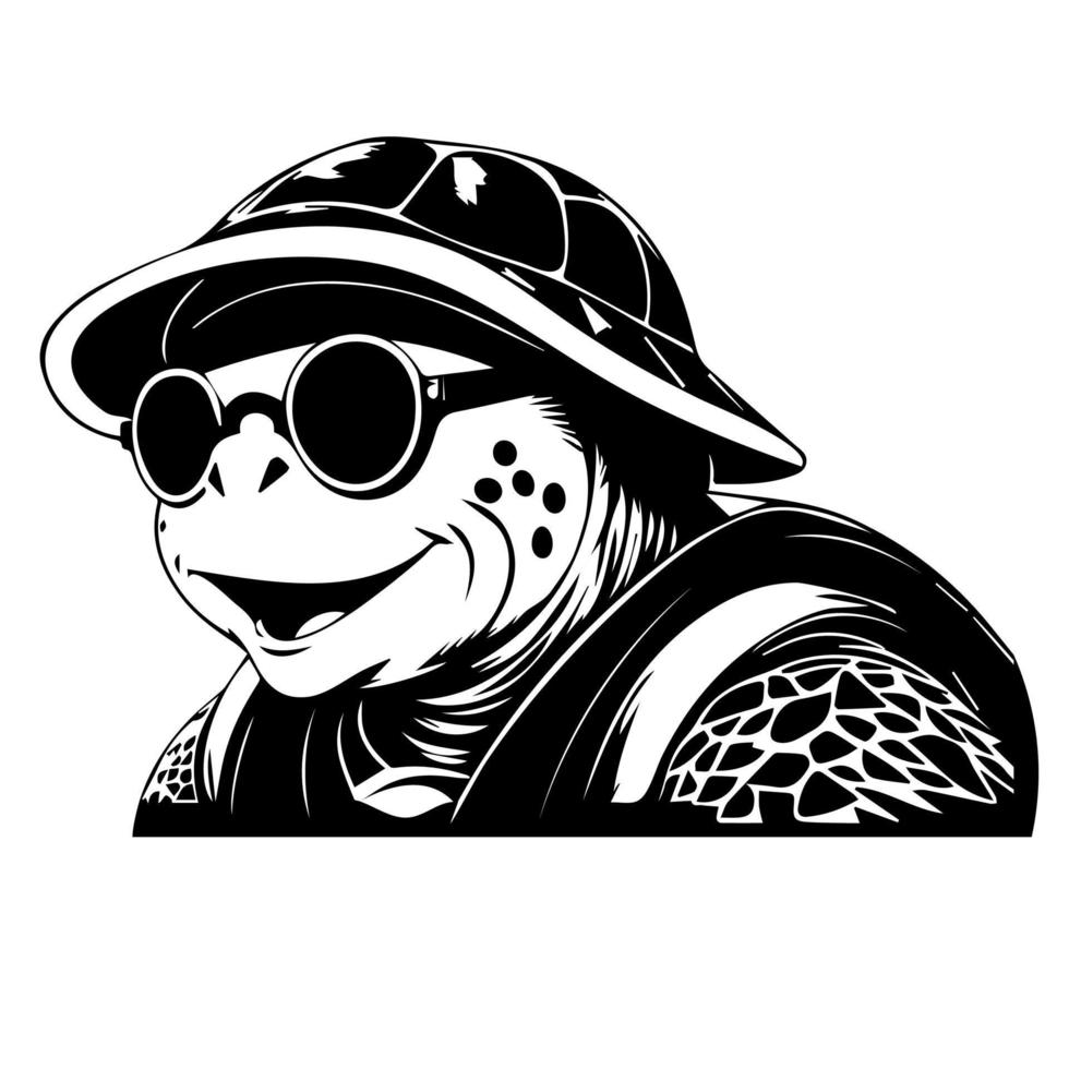 Turtle in a hat and sunglasses. Vector illustration. black and white.
