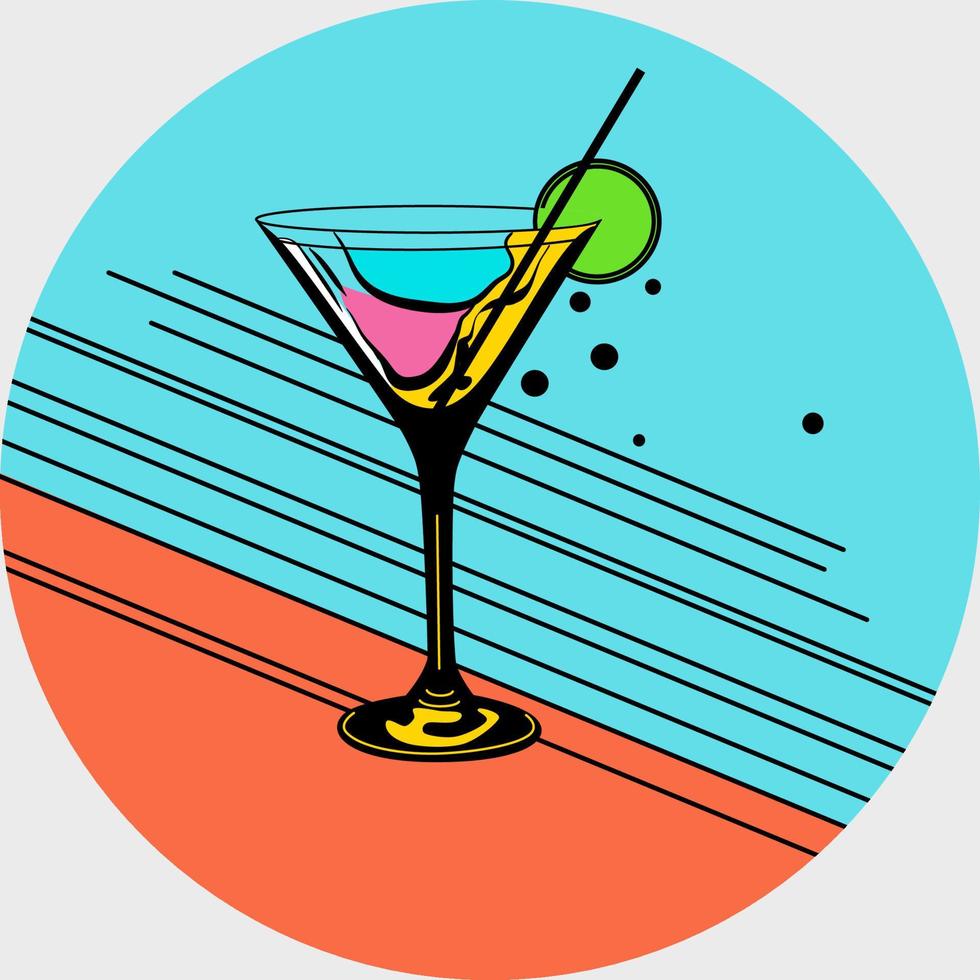 Cocktail in martini glass with lime and straw vector