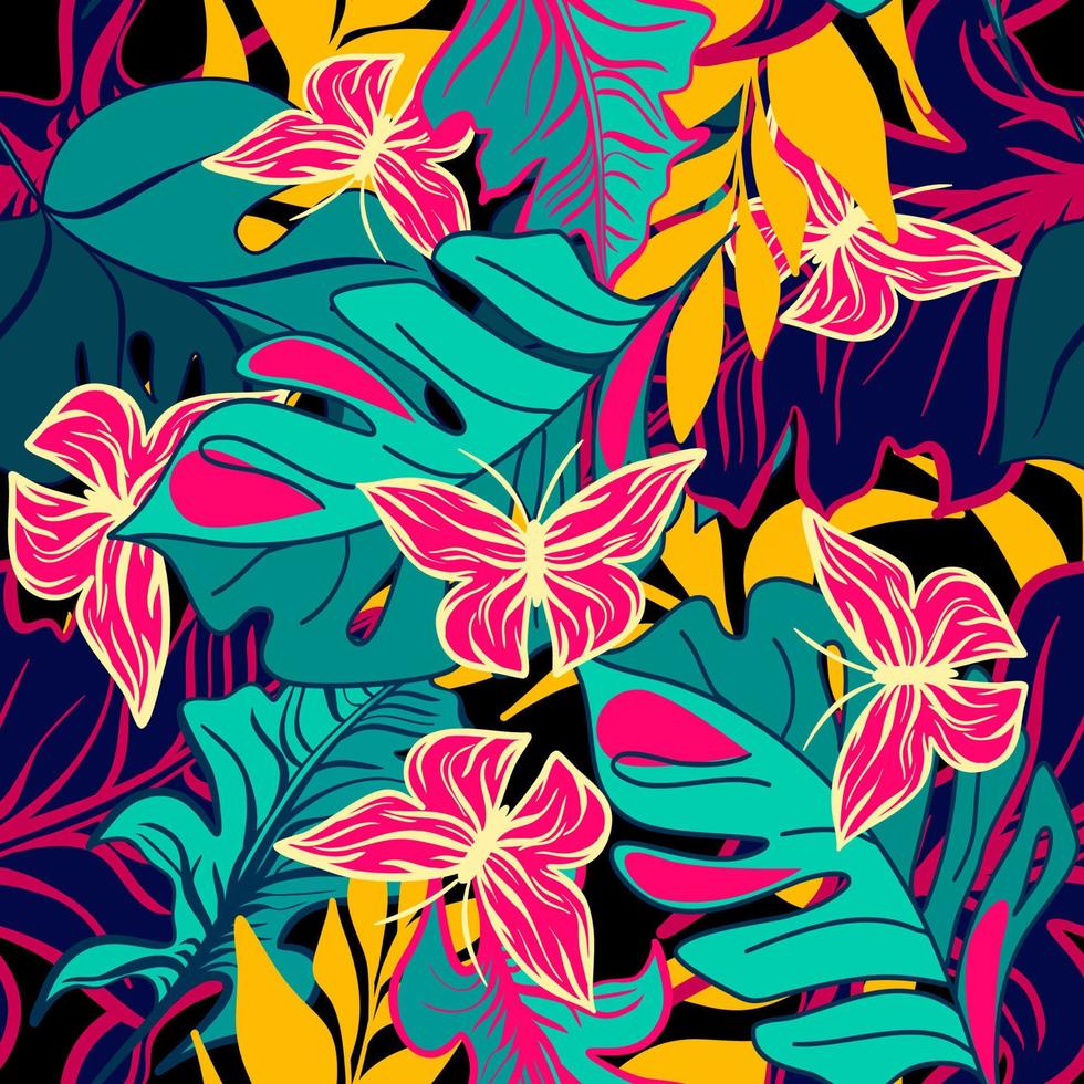 Seamless botanical pattern with tropical plants and butterflies vector