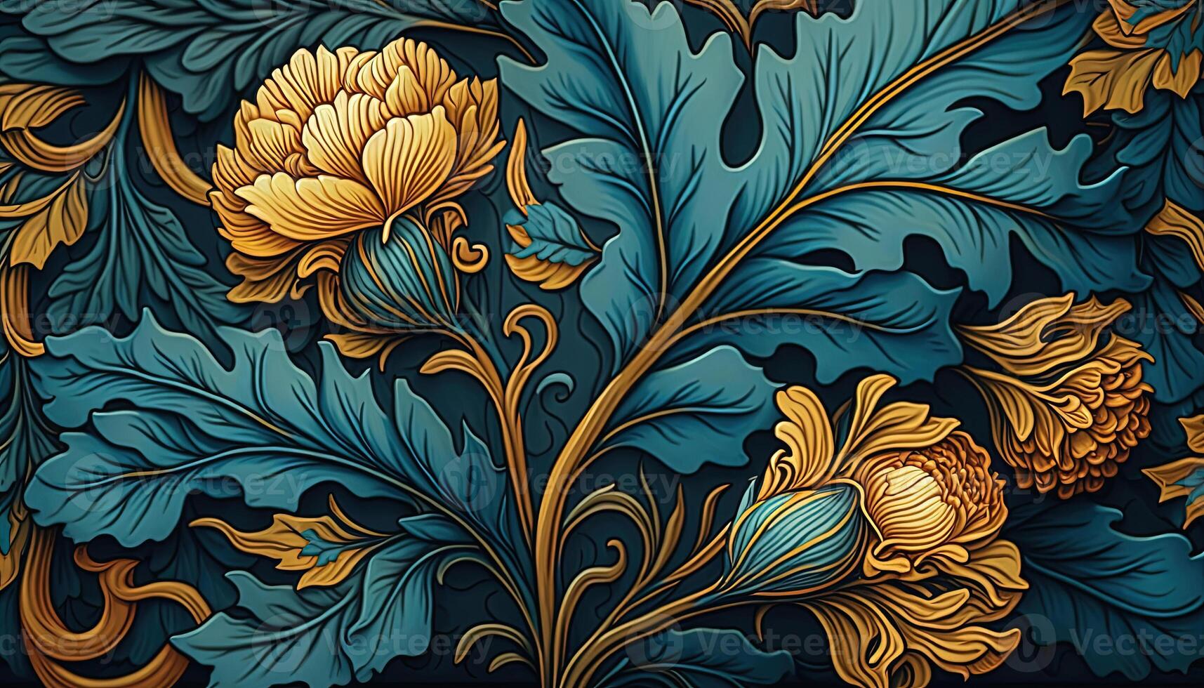 , Floral yellow, blue, green colors pattern. William Morris inspired natural plants and flowers background, vintage illustration. Foliage ornament. photo