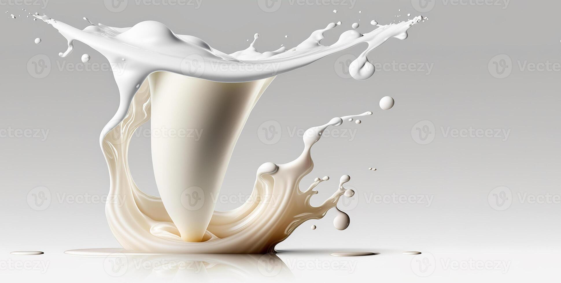 , Flowing liquid with splashes in white color. Glossy cream milk fluid banner, 3D effect, modern macro photorealistic abstract background illustration. photo