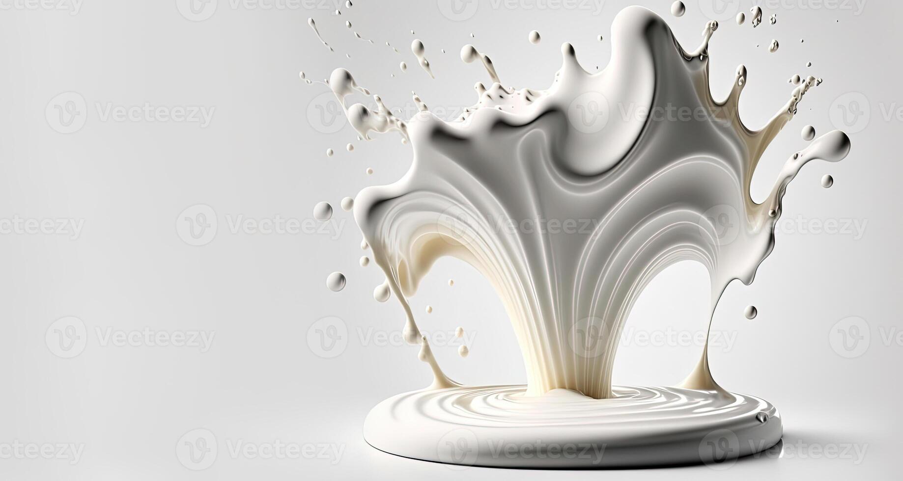 , Flowing liquid with splashes in white color. Glossy cream milk fluid banner, 3D effect, modern macro photorealistic abstract background illustration. photo