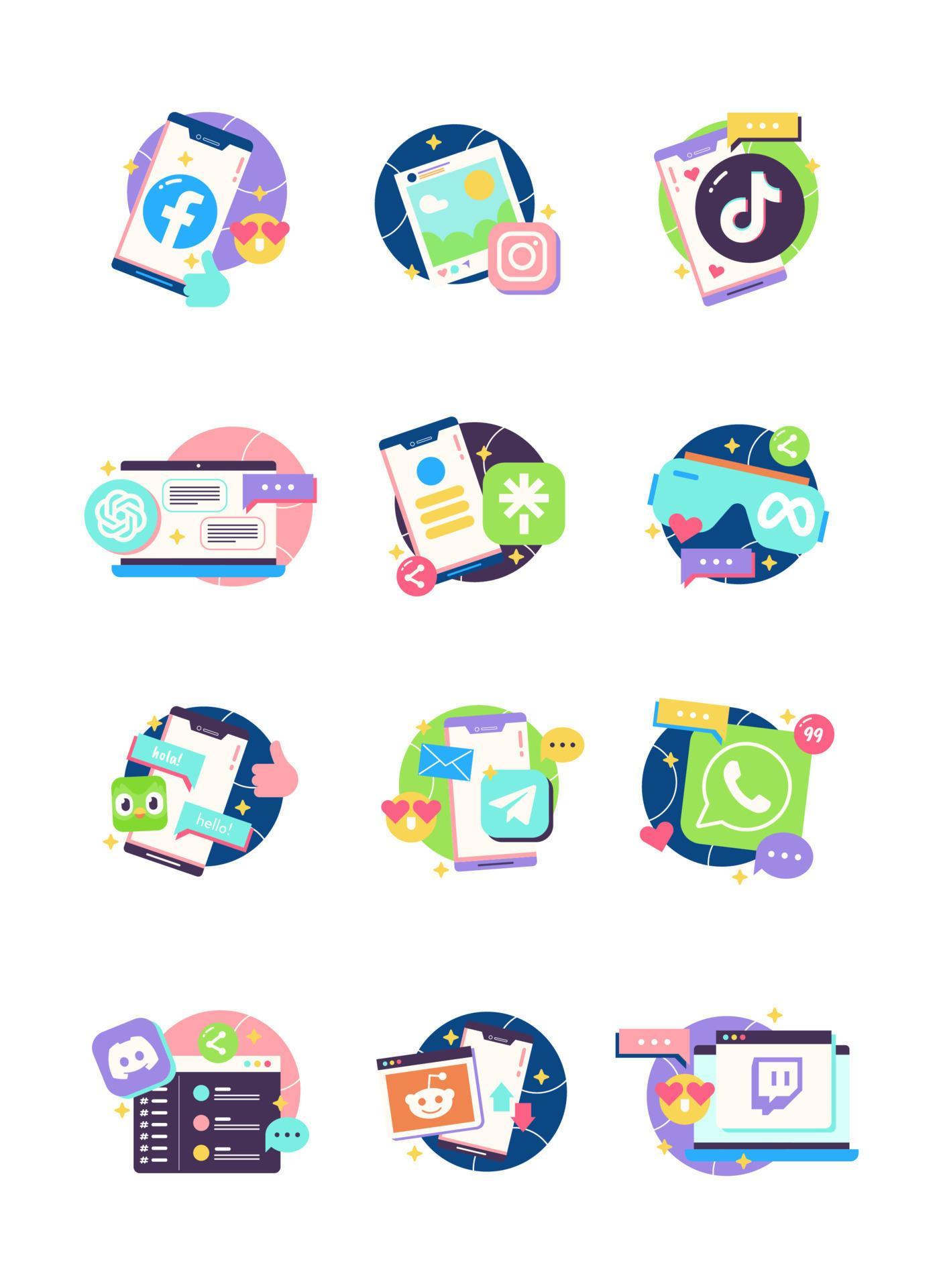 Fun and Colorful Social Media Apps Cute Stickers Set 21835800 Vector