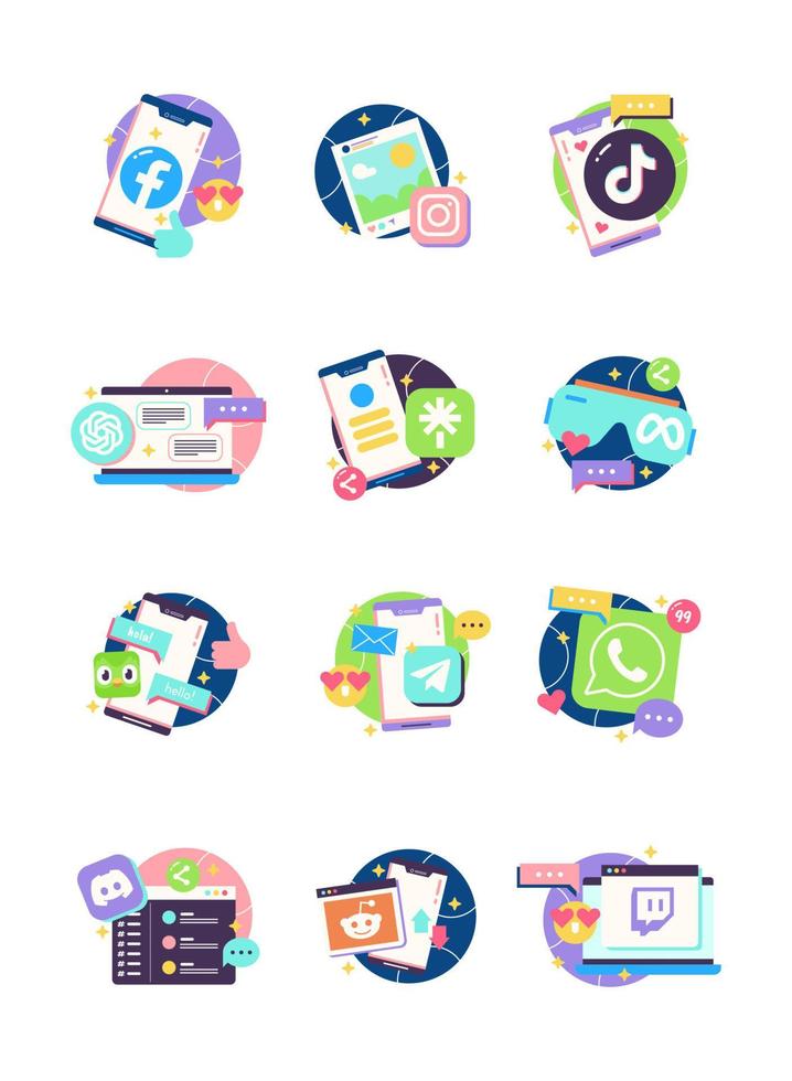 Fun and Colorful Social Media Apps Cute Stickers Set vector