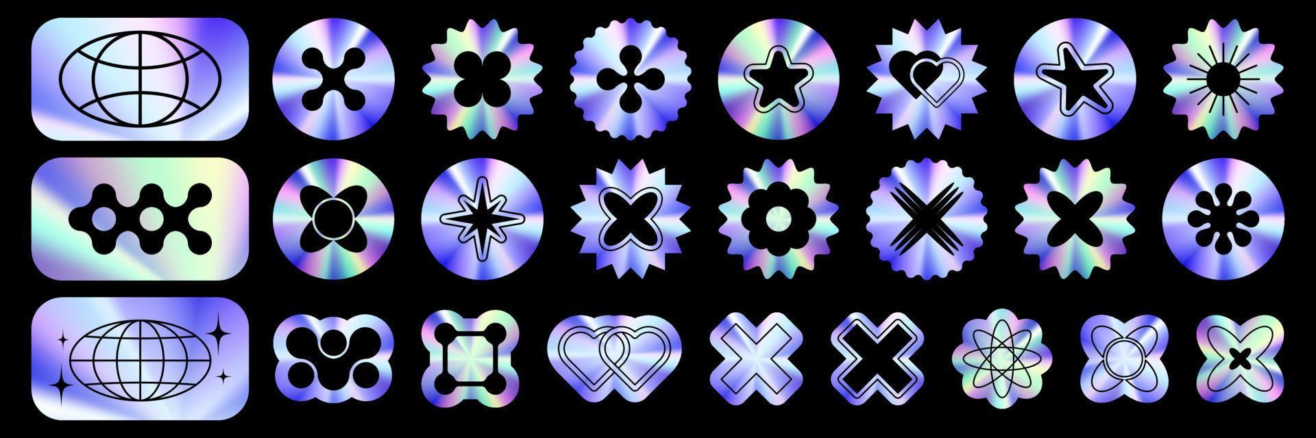 Holographic sticker set in a trendy retro y2k style with abstract shape. Textured foil effect. Nostalgia for the 80s, 90s, 2000s. Holographic textured stickers for preview tags, labels. Vector design