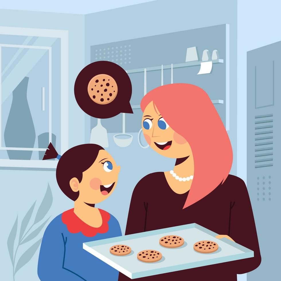 Happy Woman and Her Daughter Cooked Cookies Together vector