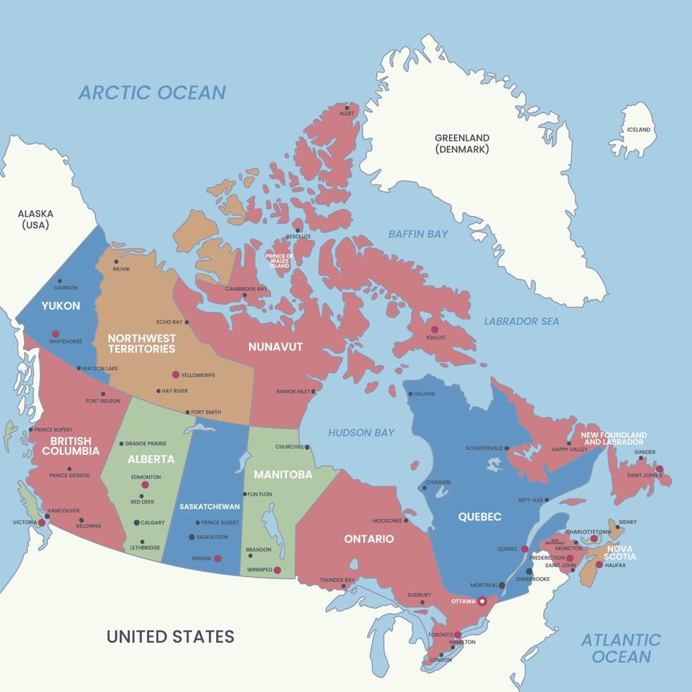 detallado mapa de Canadá con rodeando fronteras vector