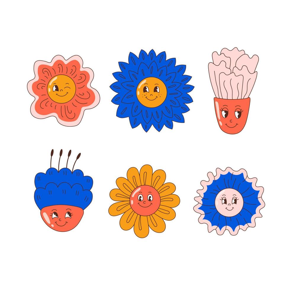 gracioso flores retro dibujos animados conjunto vector