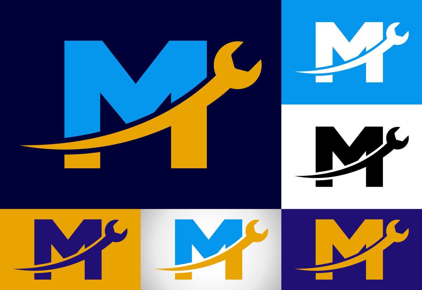 Graphic alphabet M with wrench. Logo for mechanical, technology, repair service , automotive business vector