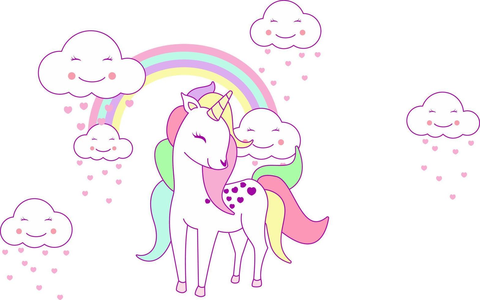 Vector illustration of a cute unicorn with rainbow in kawaii style. Unicorn on clouds with rainbow