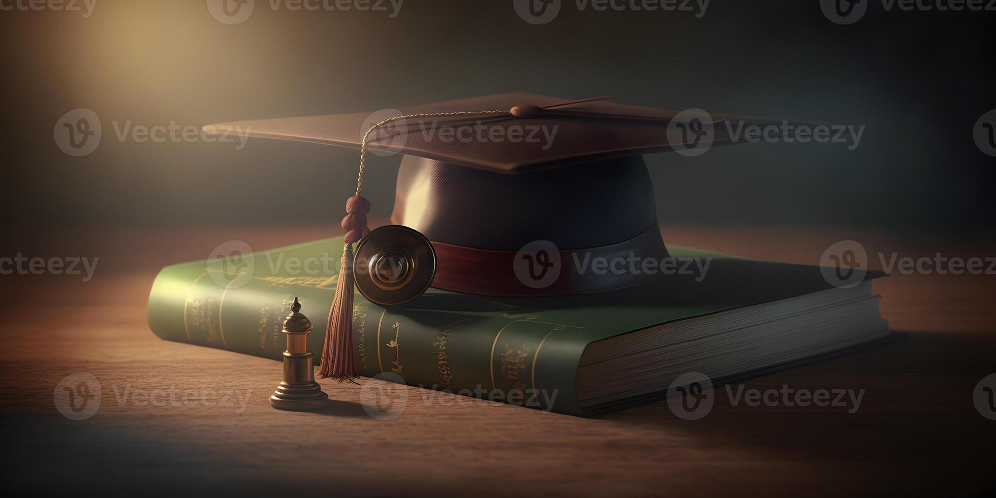 Graduation cap and diploma on library table, photo