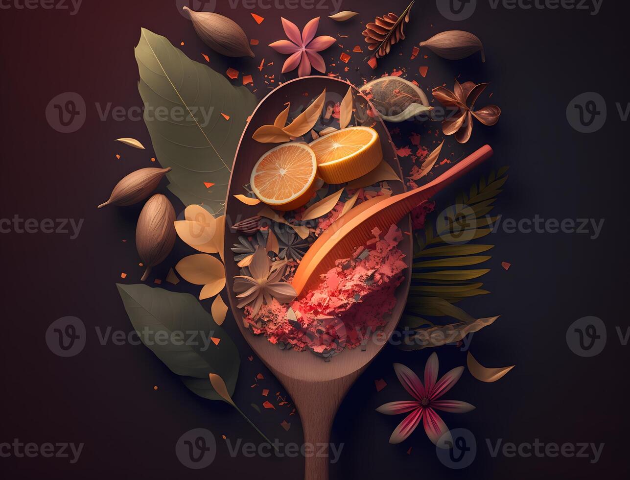 spices, various kinds of natural cooking spices on a wooden background, photo