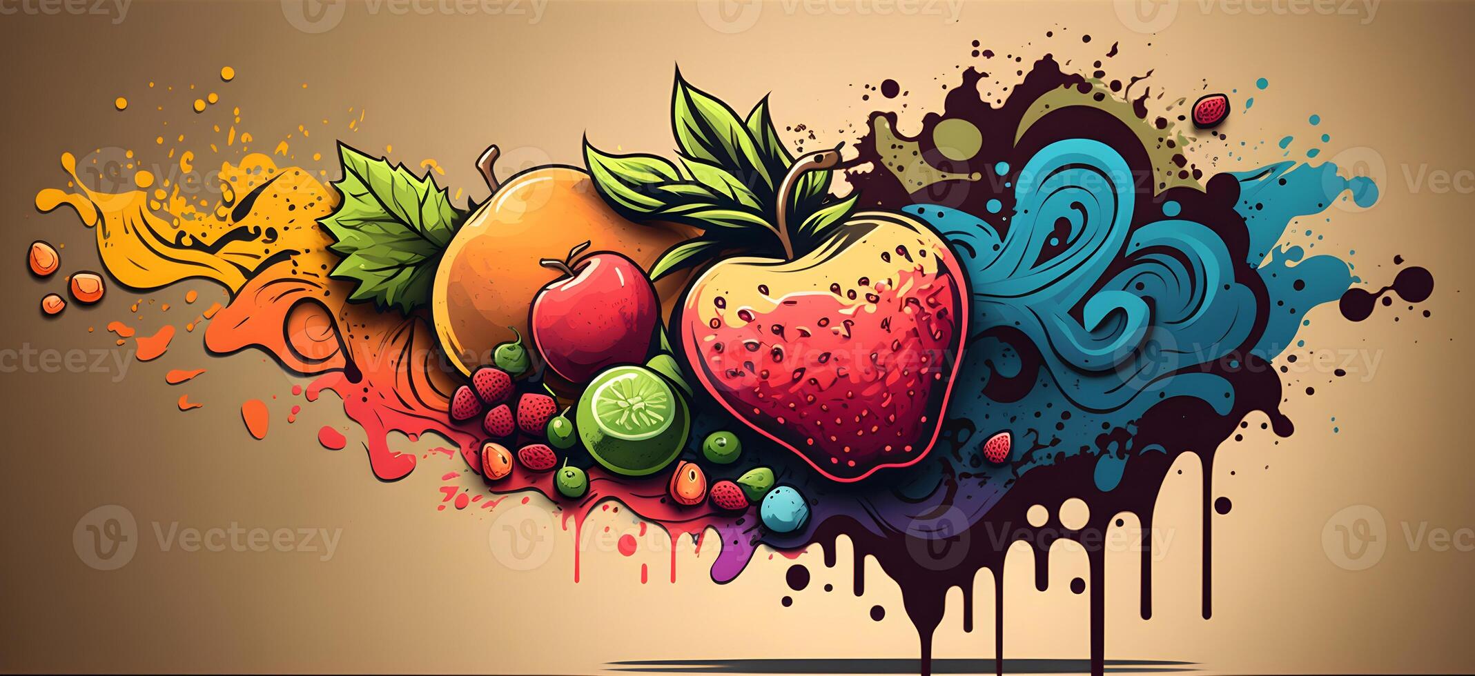 frutas pintada fondo de pantalla, mezcla Fruta garabatear con calle Arte estilo , ai generado foto