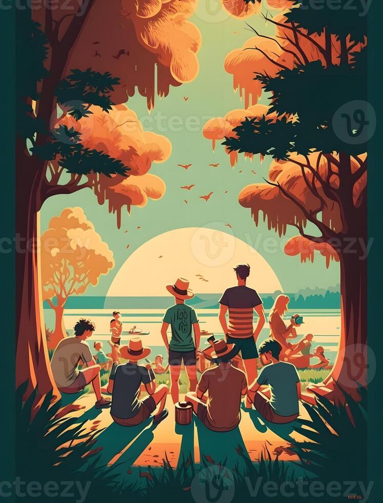 poster of the summer season, Drawings of people, nature, trees, parks, and beach, professional color selection, flat design, photo