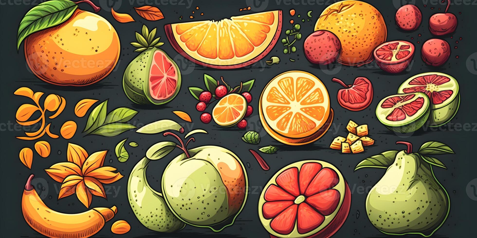 Doodle fruits Background. Natural tropical fruit, doodles citrus orange, grape, guava, banana, pear, and vitamin lemon. Organic fruits or vegetarian food. photo