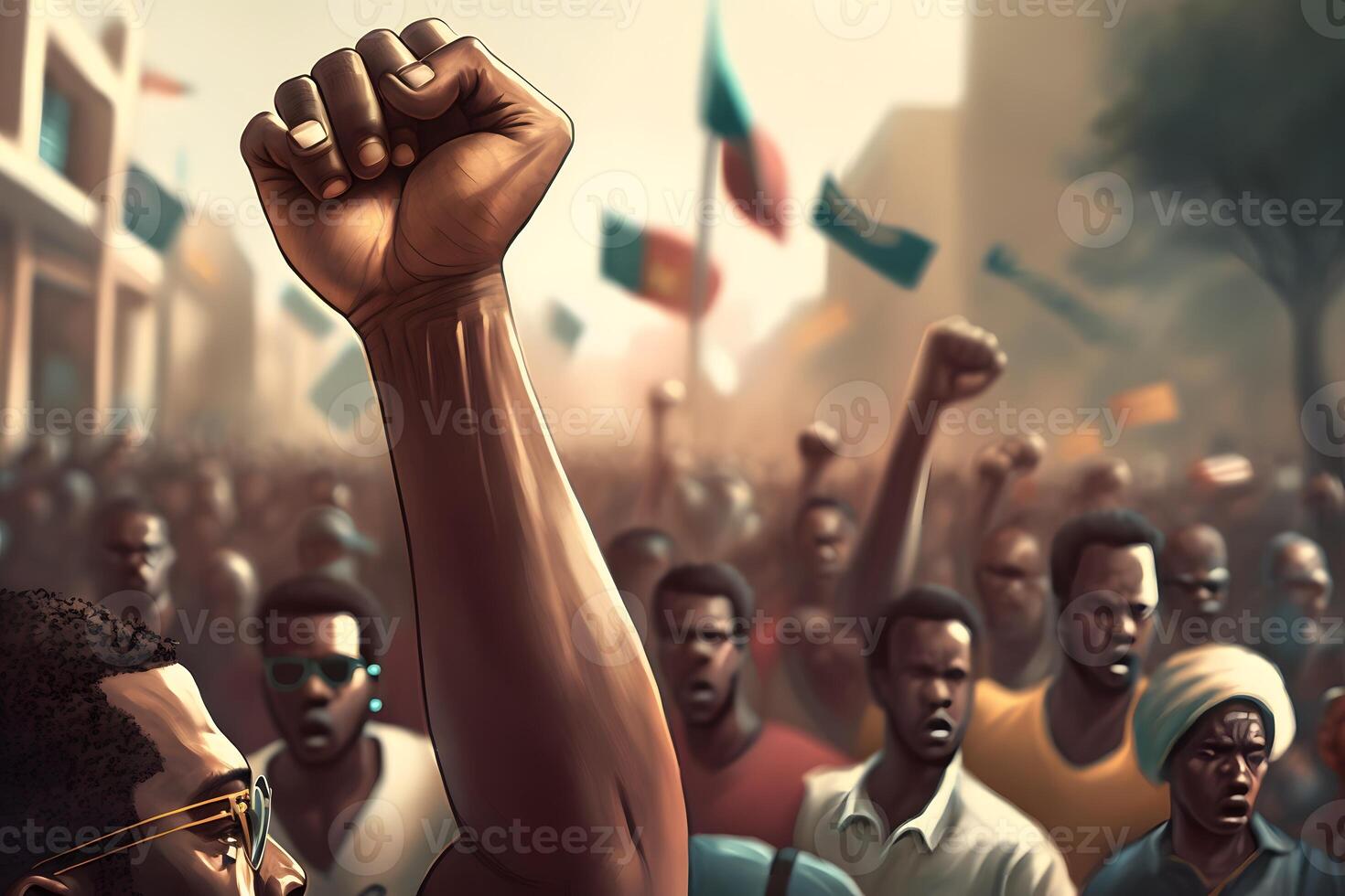 Fist on the demonstrators, Crowd of protesters with flags and fists in the air, photo