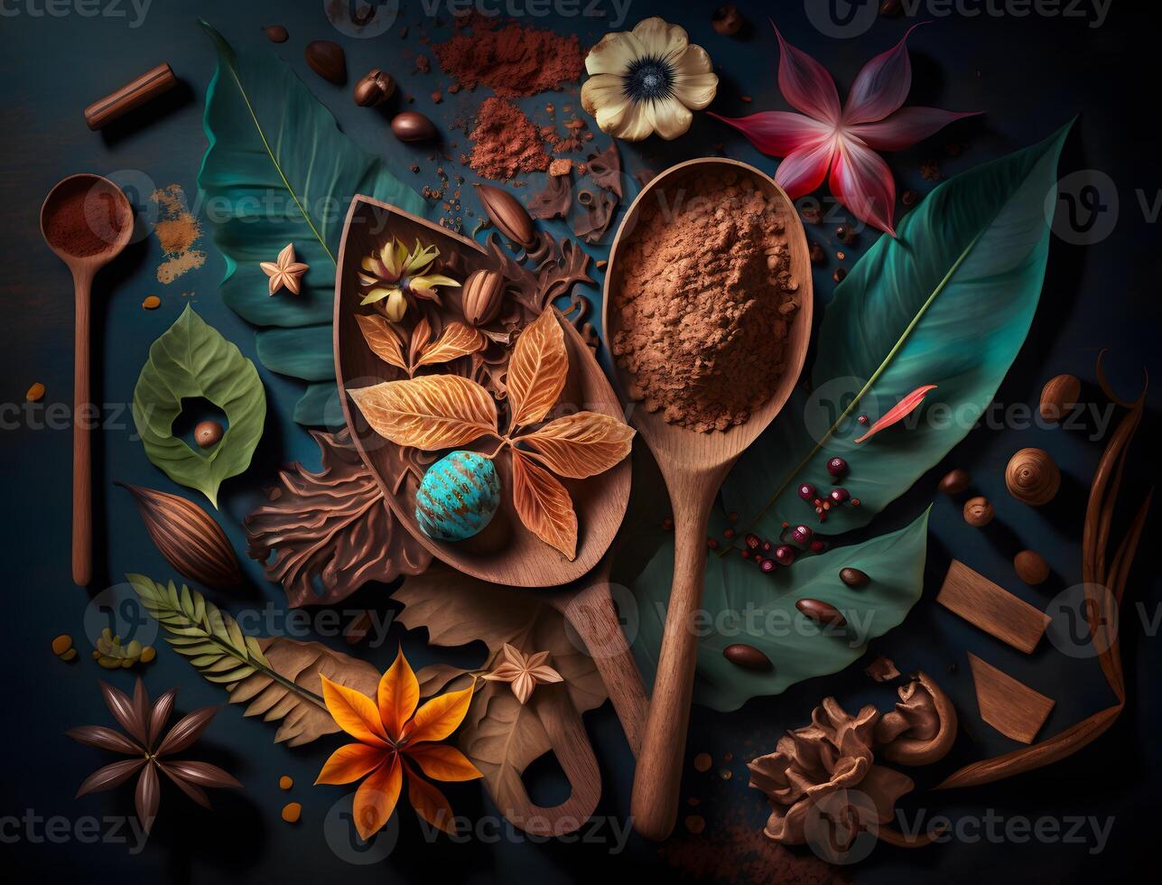 spices, various kinds of natural cooking spices on a wooden background, photo