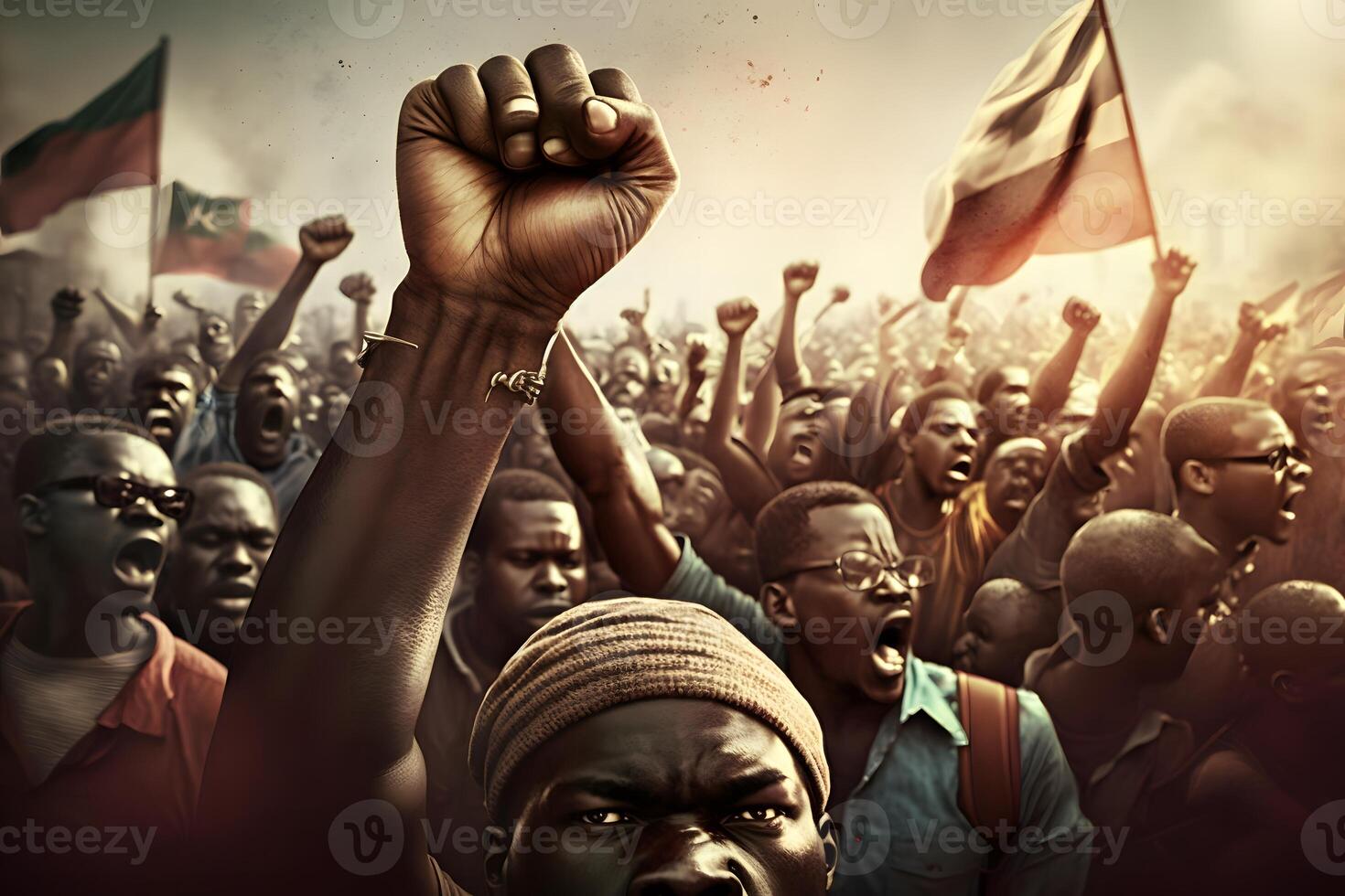 Demonstrations of African Citizens with Fists in the Air and Flags, Black lives matter protests, Activist movement protesting against racism and fighting for equality, photo