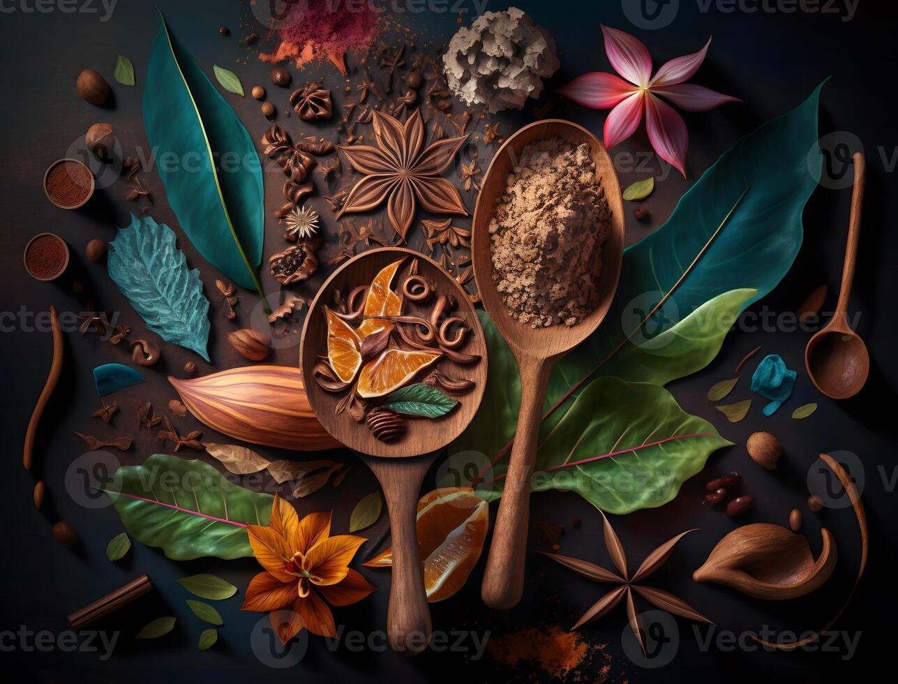spices, various kinds of natural cooking spices on a wooden background, photo