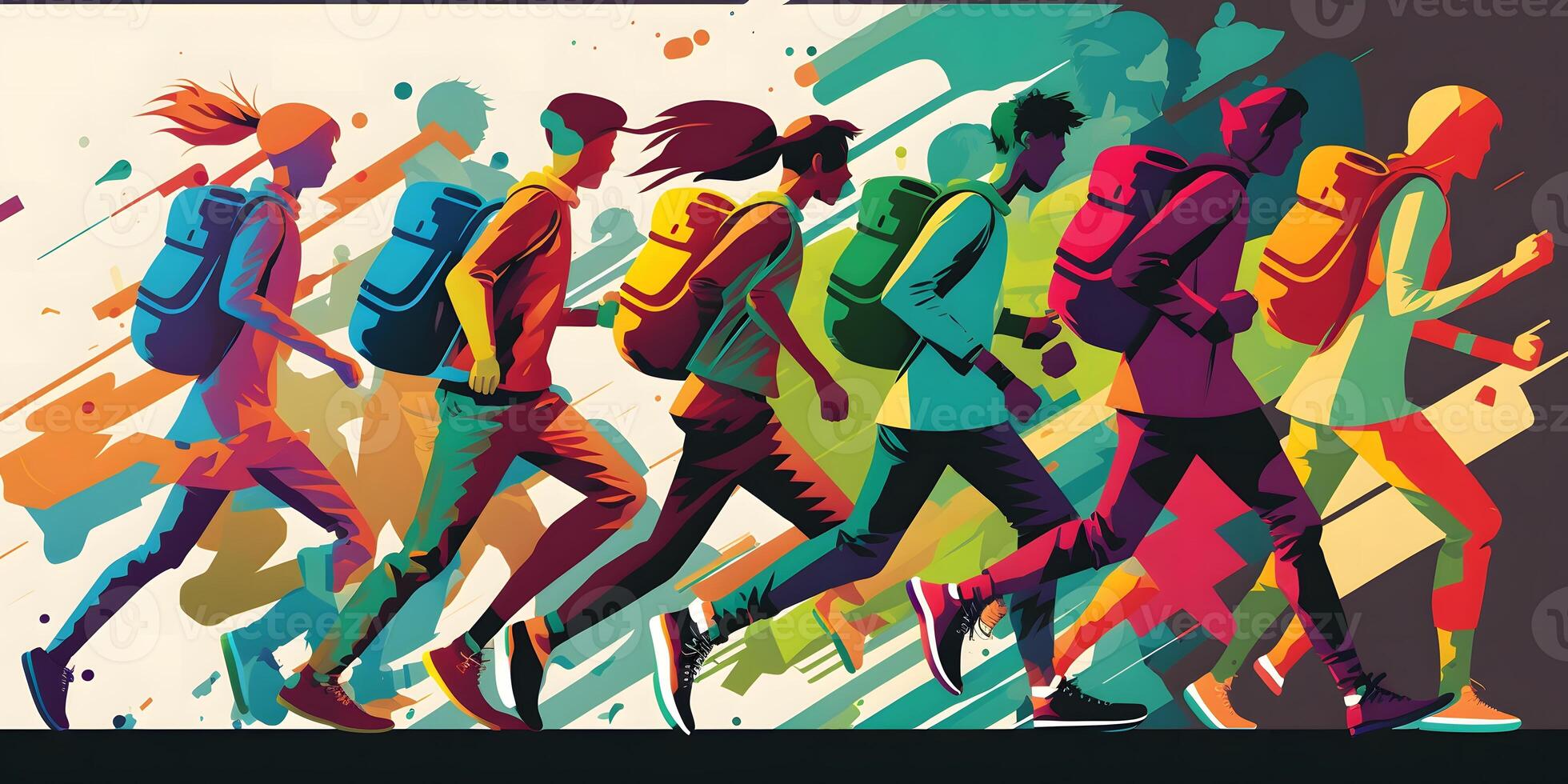 Back to school, college, or university. illustration of schoolchildren and students running to study and education, street art style, photo