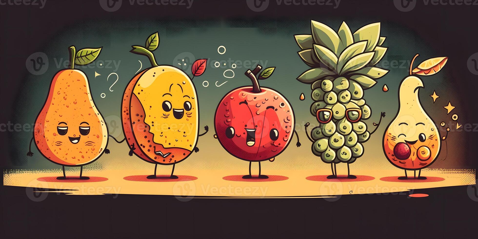 Cute Hand drawn background summer fruits mango, pineapple, grape, and apple. photo