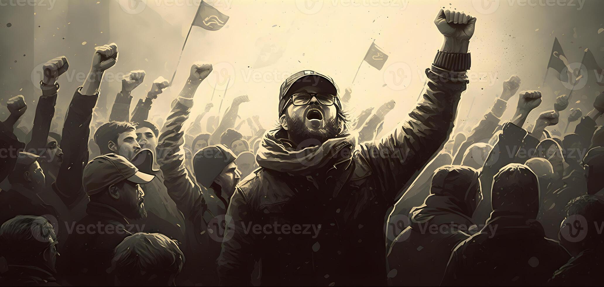 Fist on the demonstrators, Crowd of protesters with flags and fists in the air, photo
