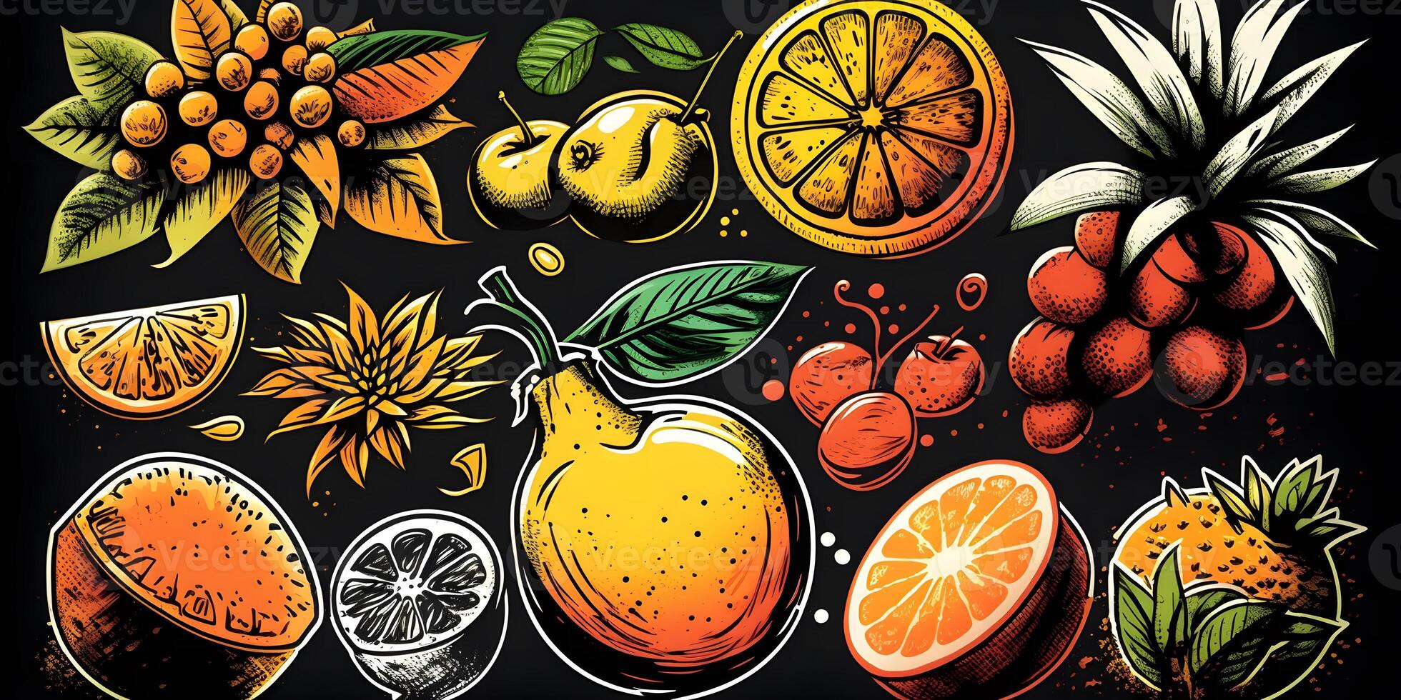 Doodle fruits Background. Natural tropical fruit, doodles citrus orange, grape, guava, banana, pear, and vitamin lemon. Organic fruits or vegetarian food. photo