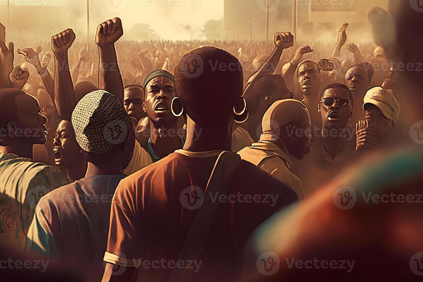 Demonstrations of African Citizens with Fists in the Air and Flags, Black lives matter protests, Activist movement protesting against racism and fighting for equality, photo