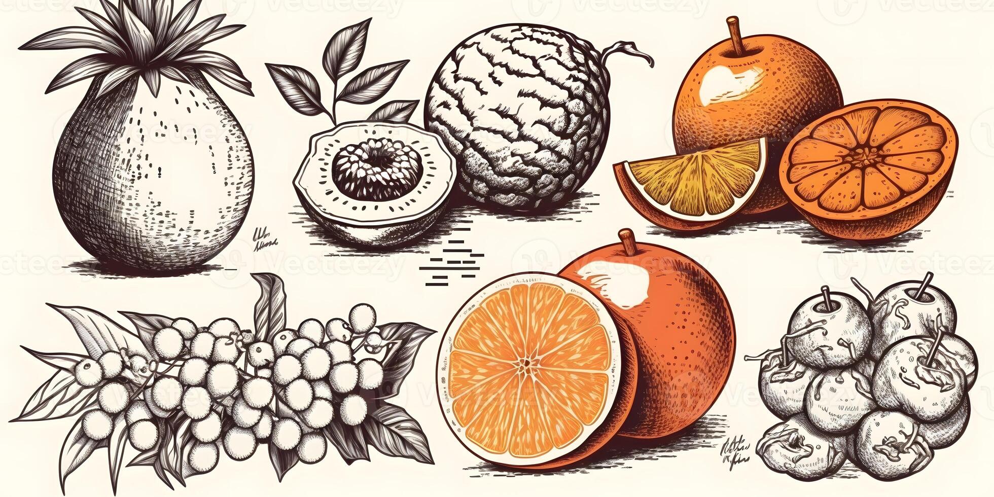 Doodle fruits Background. Natural tropical fruit, doodles citrus orange, grape, guava, banana, pear, and vitamin lemon. Organic fruits or vegetarian food. photo