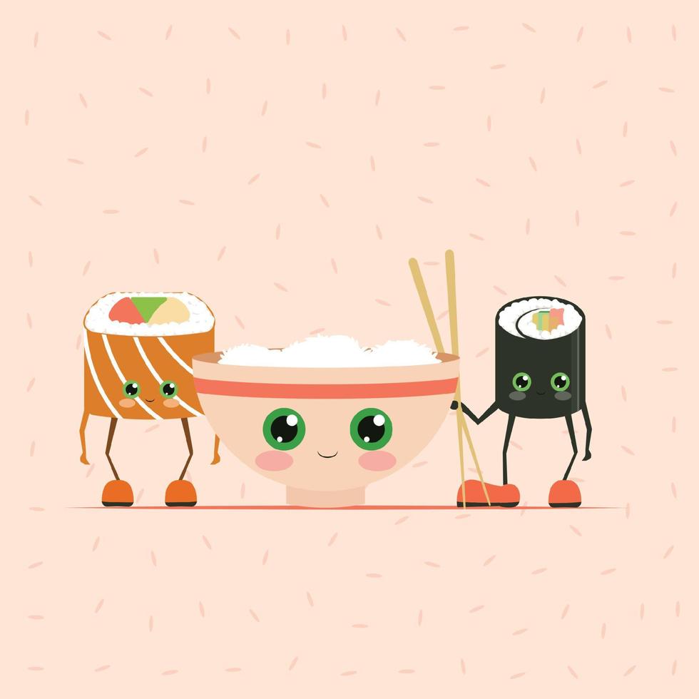 Sushi cartoon character on white background, Japan food, Japanese food vector