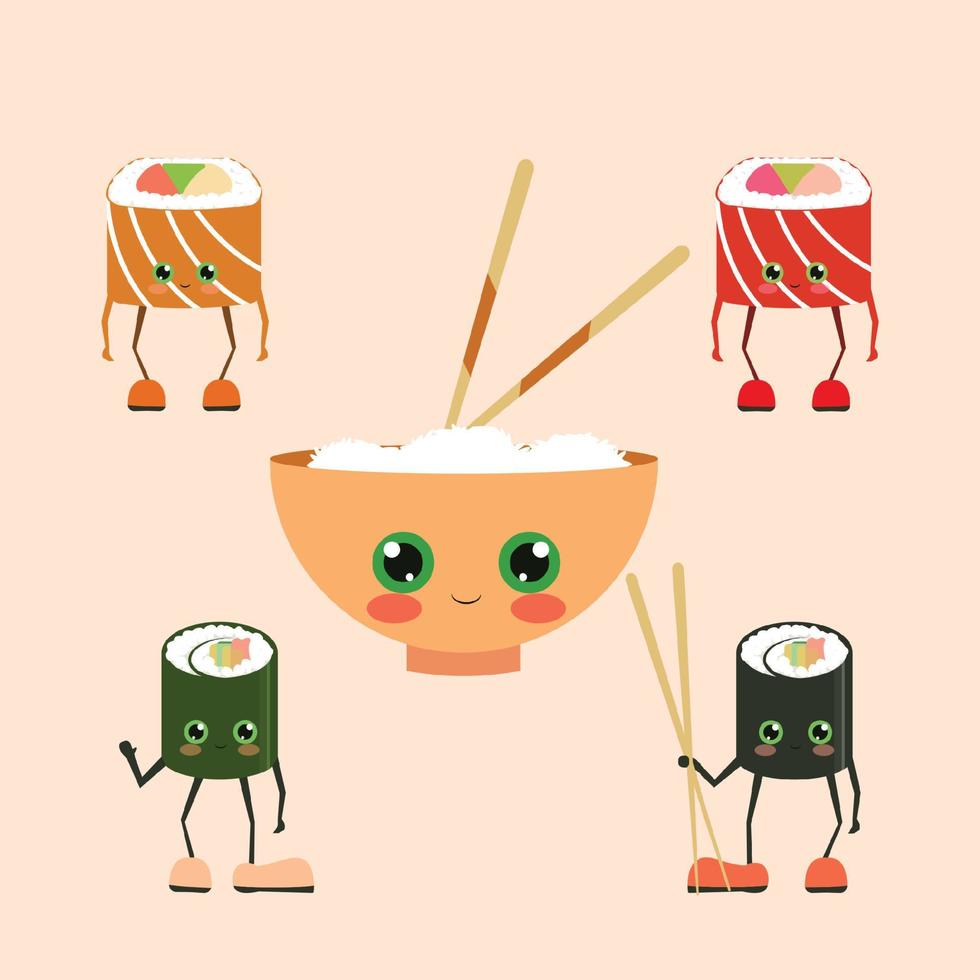 Funny sushi characters. Funny sushi with cute faces. Sushi roll and sashimi set. Happy sushi characters. Asian food, vector illustration isolated on white background