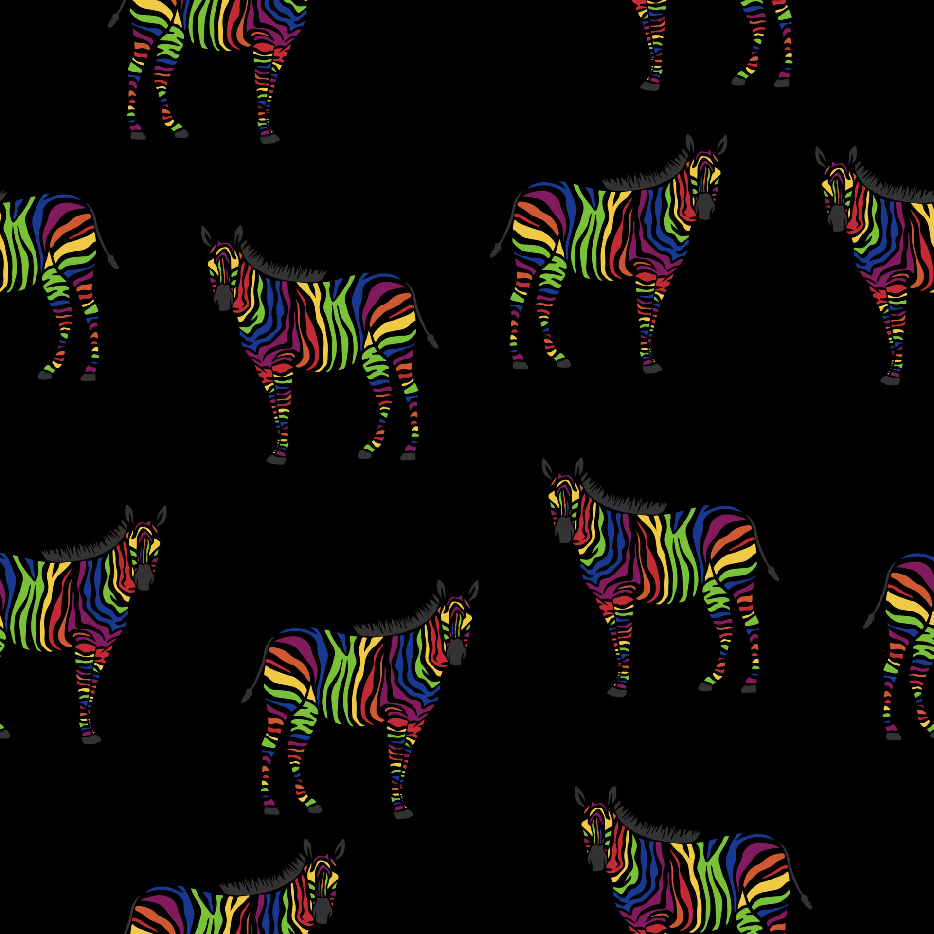 Zebra rainbow vector seamless texture. Bright zebras on a black