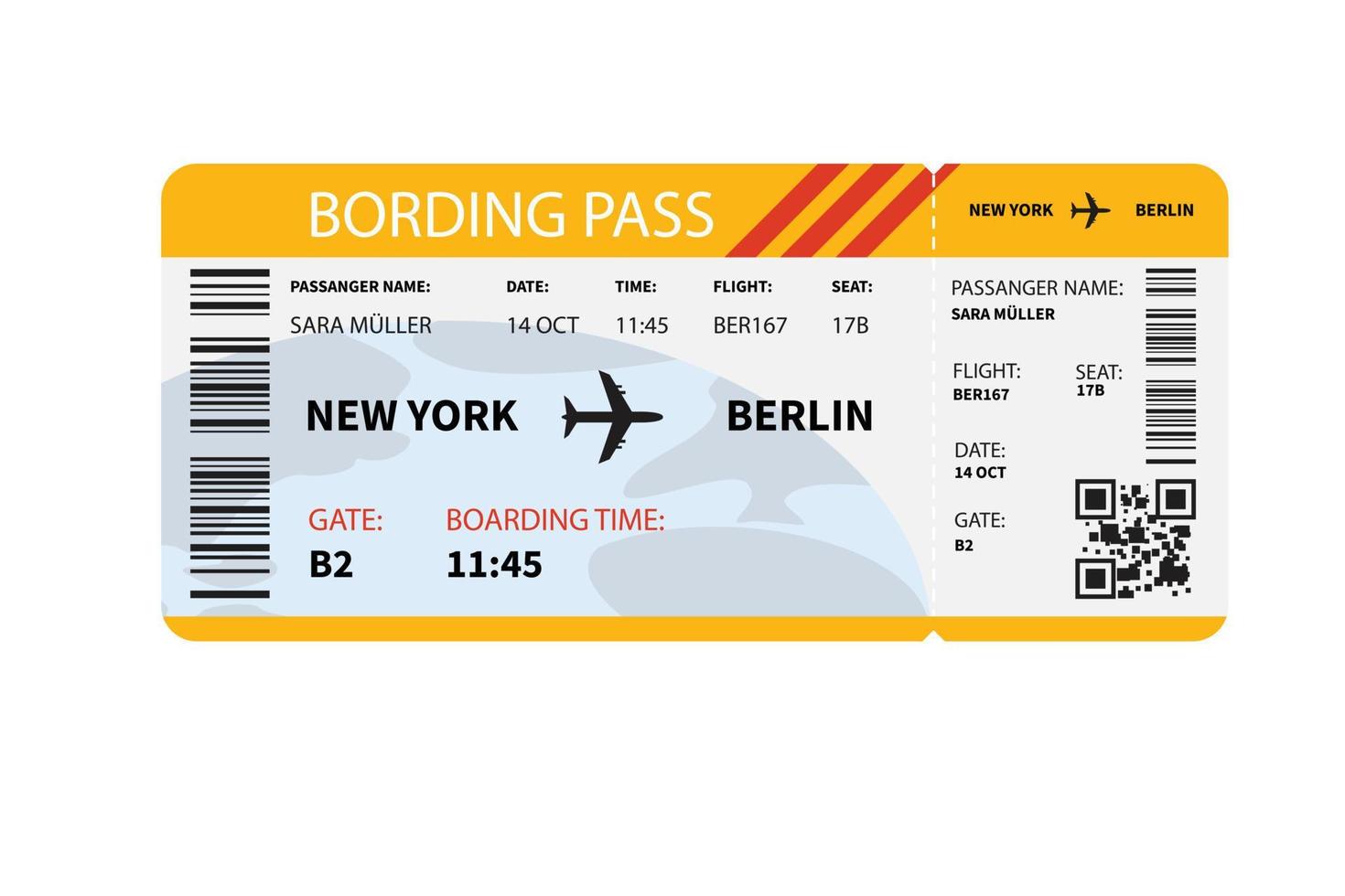 Template of a boarding ticket. Flight from New York to Berlin. vector