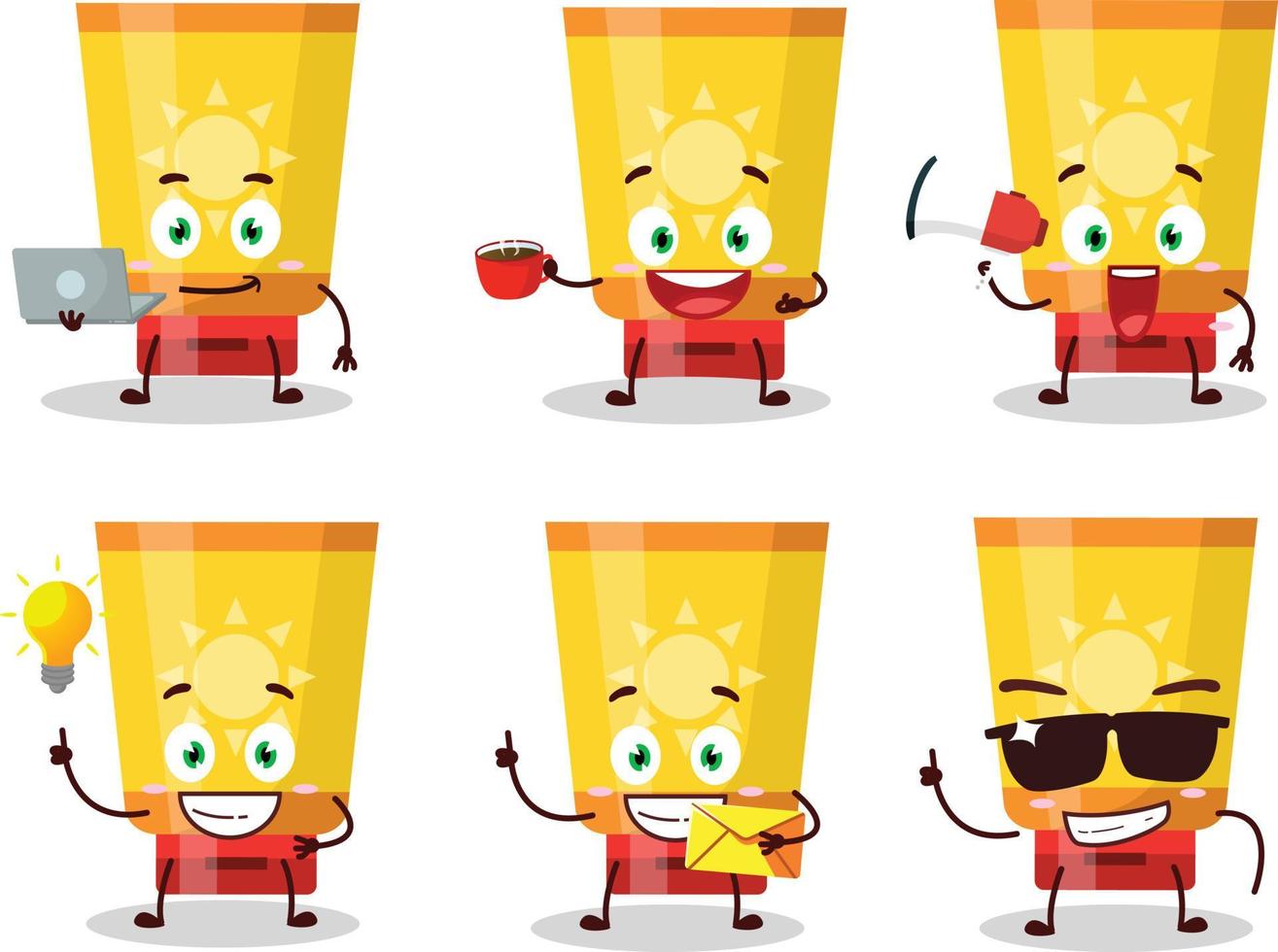 Sun block cartoon character with various types of business emoticons vector