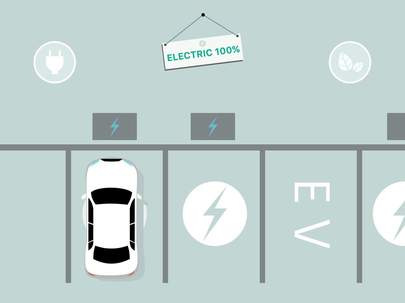 sencillo vector ilustración estilo de un blanco eléctrico coche cargando a el verde cargador estación. electromovilidad emoción concepto.