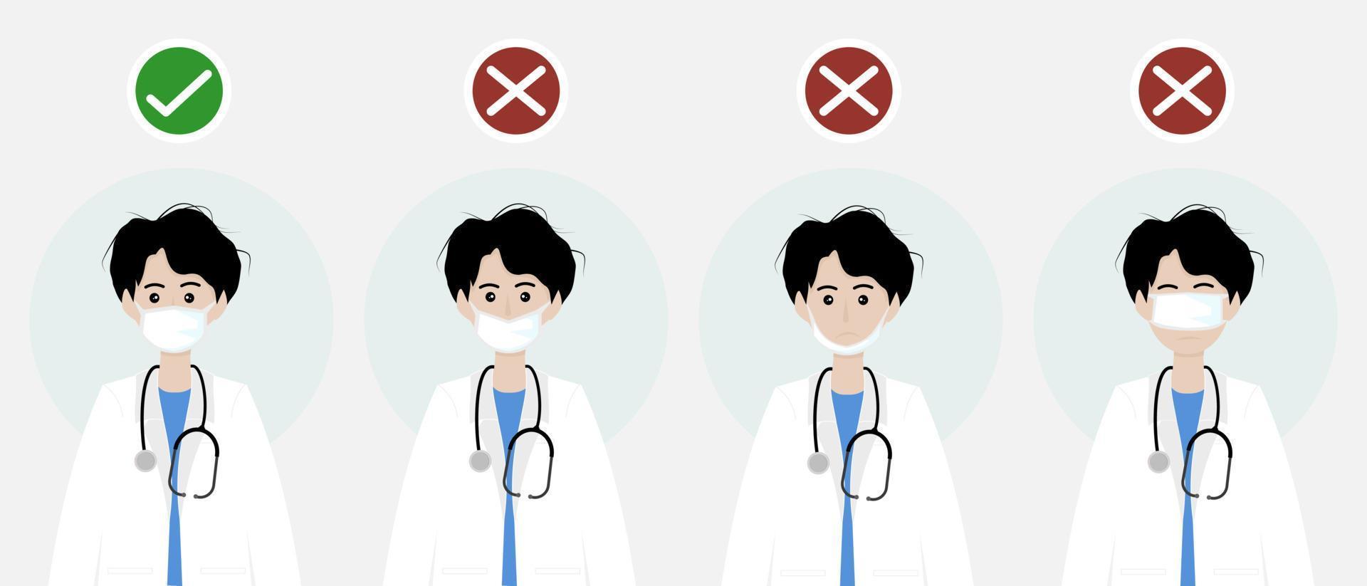 How to the correct wear medical mask. Protect yourself from dust and viruses. Vector flat design illustration style.