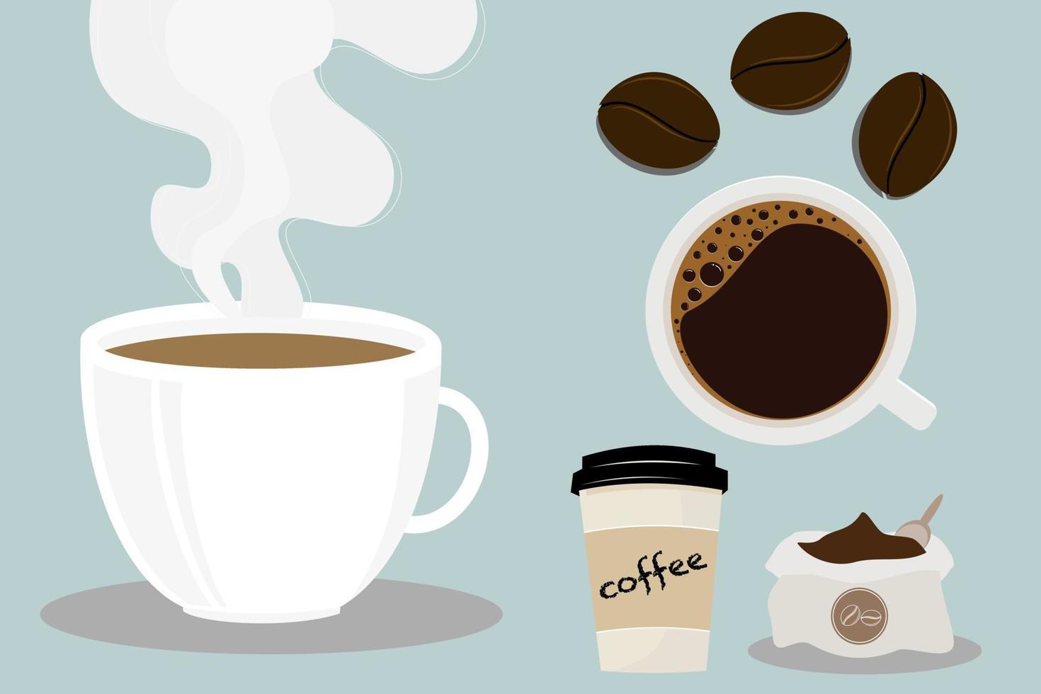 Vector set of coffee and coffee cup, top and side view. Flat vector illustration style.