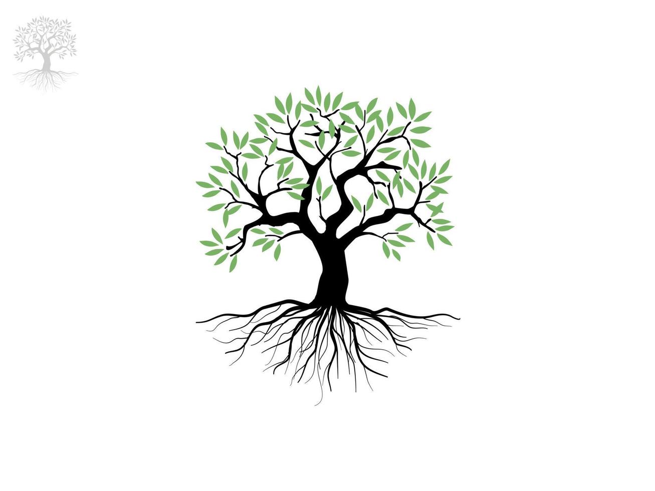 Trees and root with green leaves look beautiful and refreshing. Tree and roots LOGO style. Illustration flat style. vector