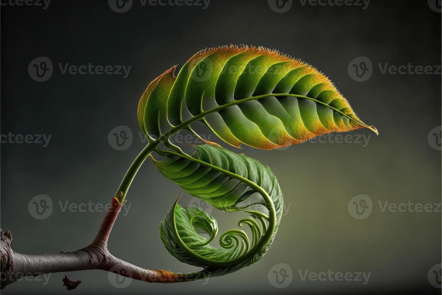 A young leaf unfurling on a stem. photo