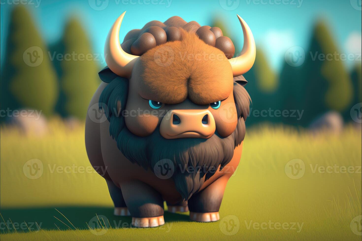 Cute Cartoon Bison Character 3D. photo