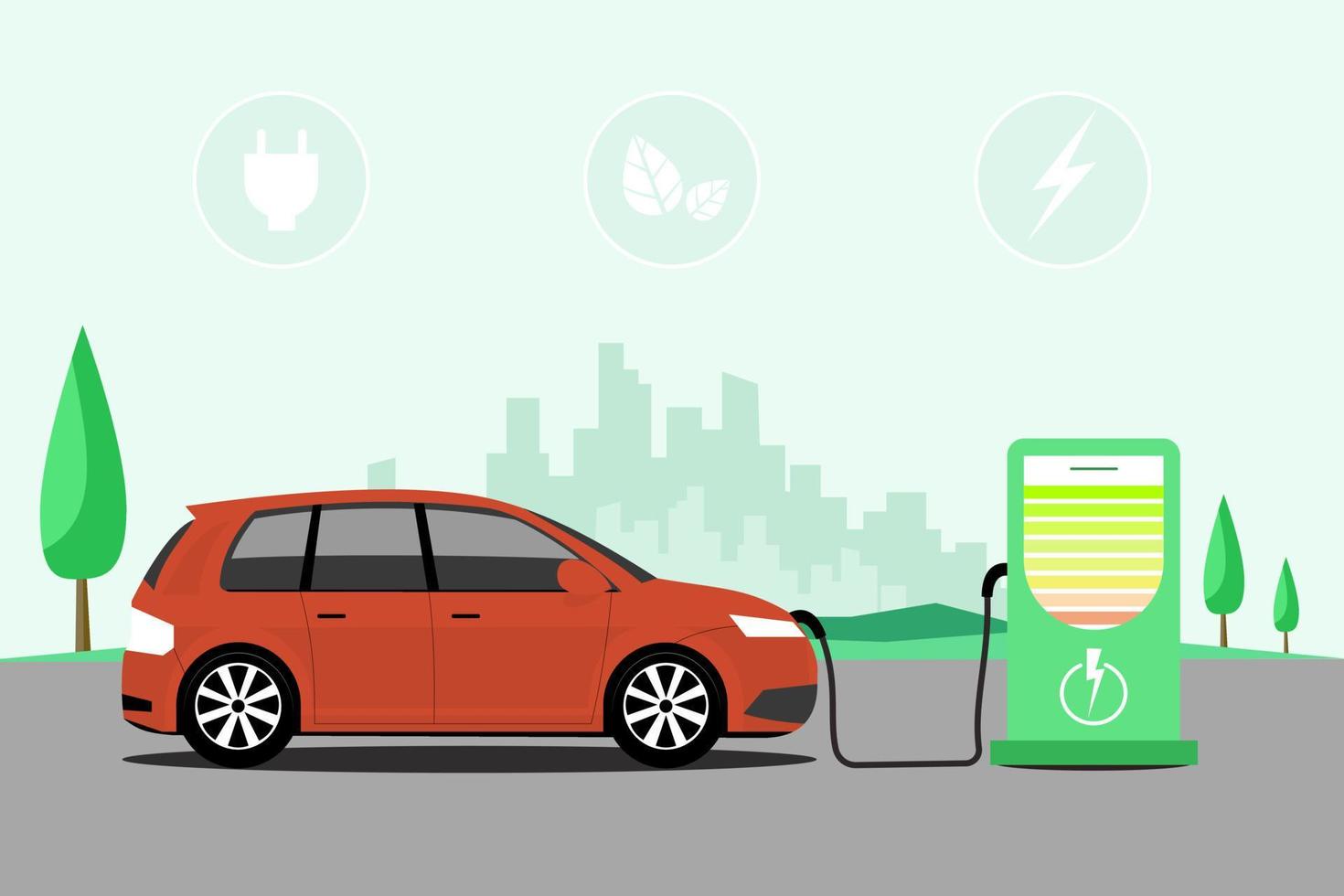 plano vector ilustración estilo de un blanco eléctrico coche cargando a el verde cargador estación. electromovilidad emoción concepto.