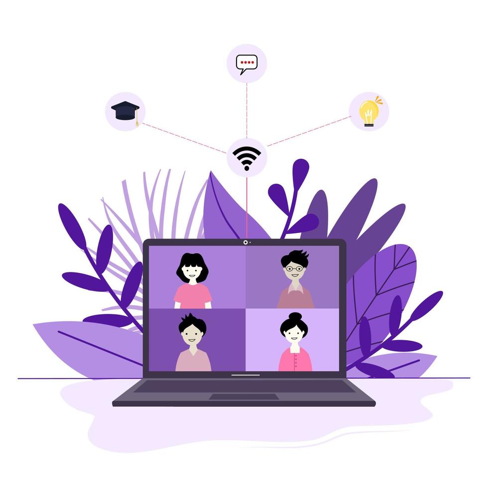Flat design concept of online education training and courses, meeting, video tutorials.Vector illustration material, presentation template, online advertising. Can be used for your work. vector