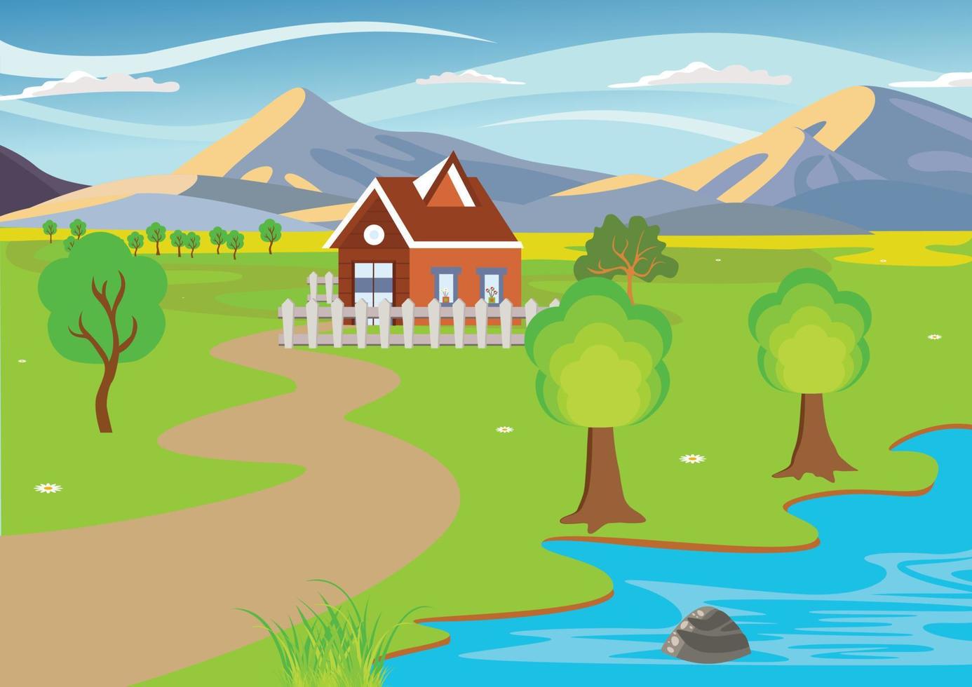 Farmhouse on green hill. Summer rural landscape. vector