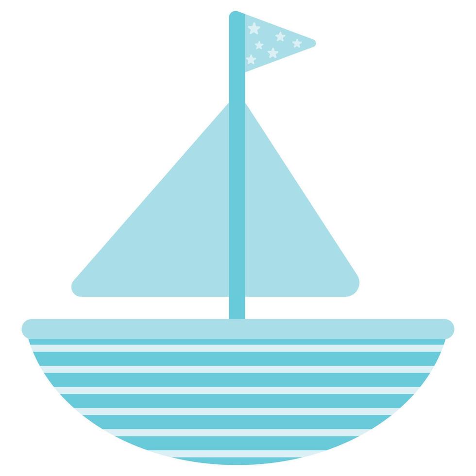 Childish blue boat with sails and flag. Vector flat illustration