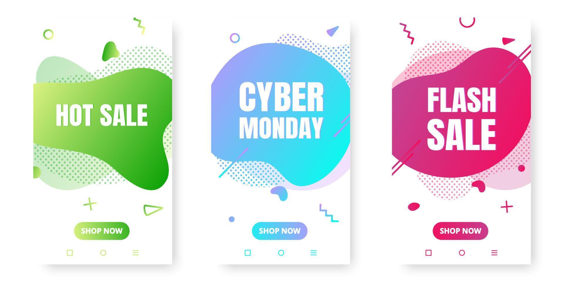 3 modern vertical mobile liquid abstract shape gradient memphis style design fluid vector colorful illustration banner for app, presentation, sale, brochure isolated on white background.