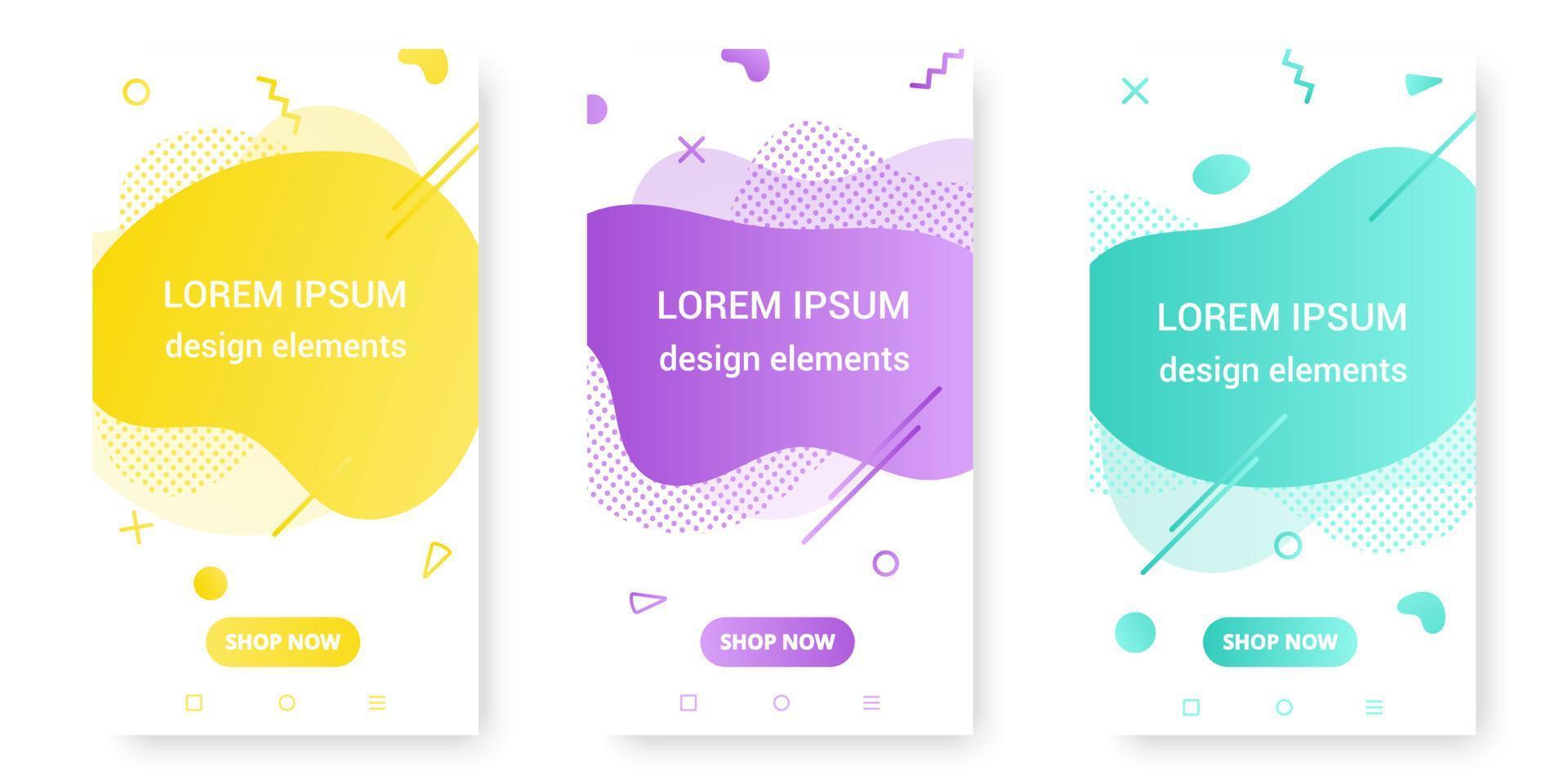 3 Modern liquid abstract element shape gradient memphis style design fluid vector colorful illustration banner set simple shape template for presentation, flyer, brochure isolated on white background.