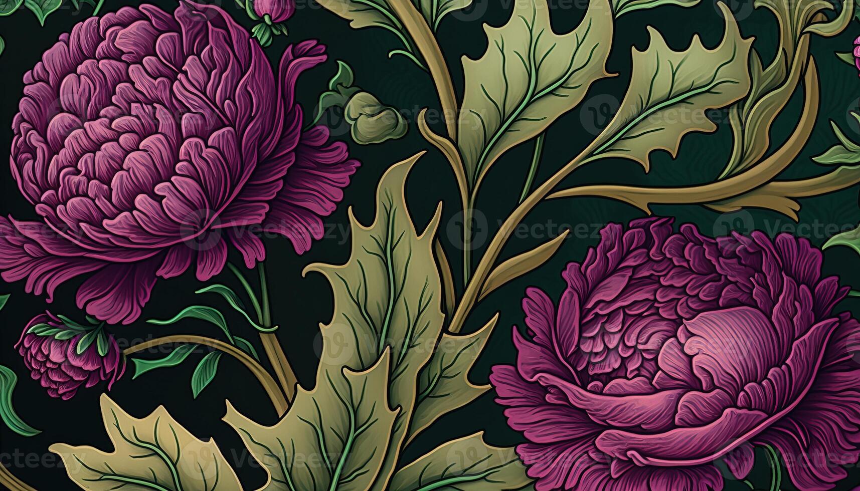 , Floral pattern. William Morris inspired natural plants and viva magenta peony flowers background, vintage illustration. Foliage ornament. photo